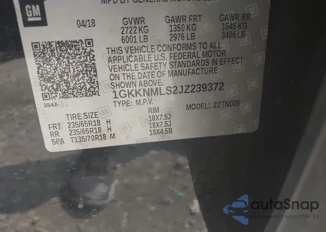 2018 GMC Acadia Slt-1 из США, поврежденный, VIN 1GKKNMLS2JZ239372